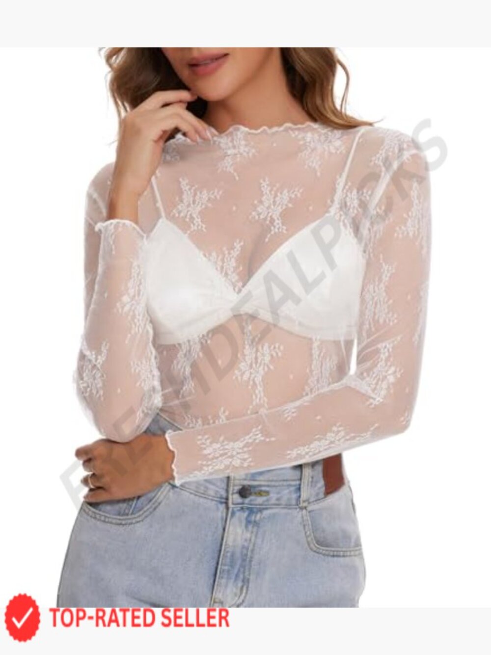 Lace Mesh Long Sleeve Top Sheer Floral Mock Neck Blouse Party Night Out - Picture 5 of 7
